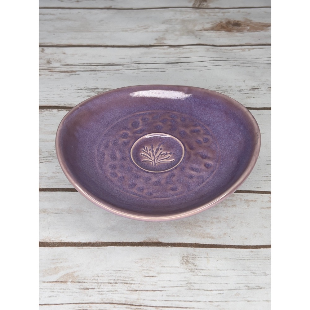Handcrafted Ceramic Trinket Bowl Purple Floral Embossed Textured 6.75in
